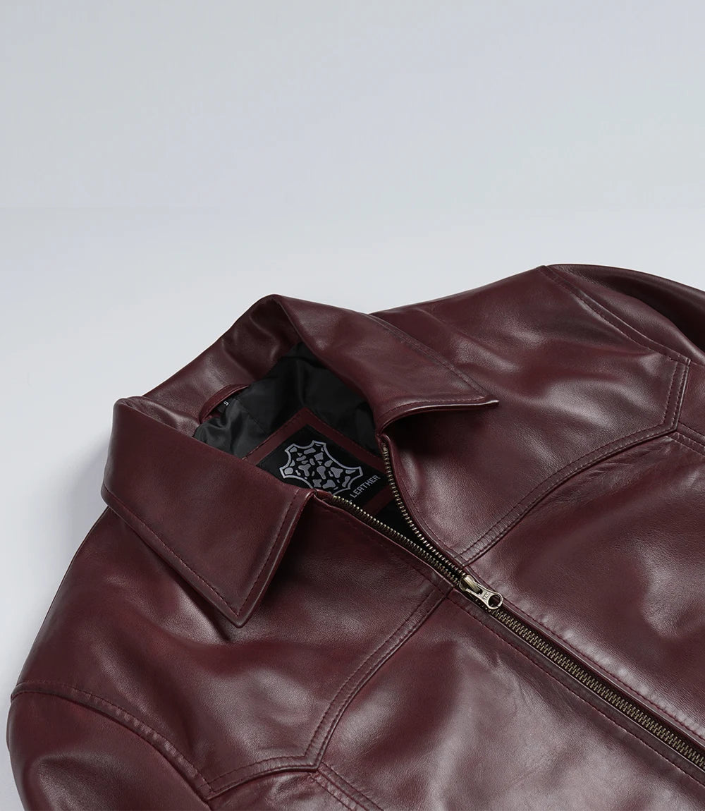 Men's Burgundy Wax Leather Bomber Jacket Harrington Style