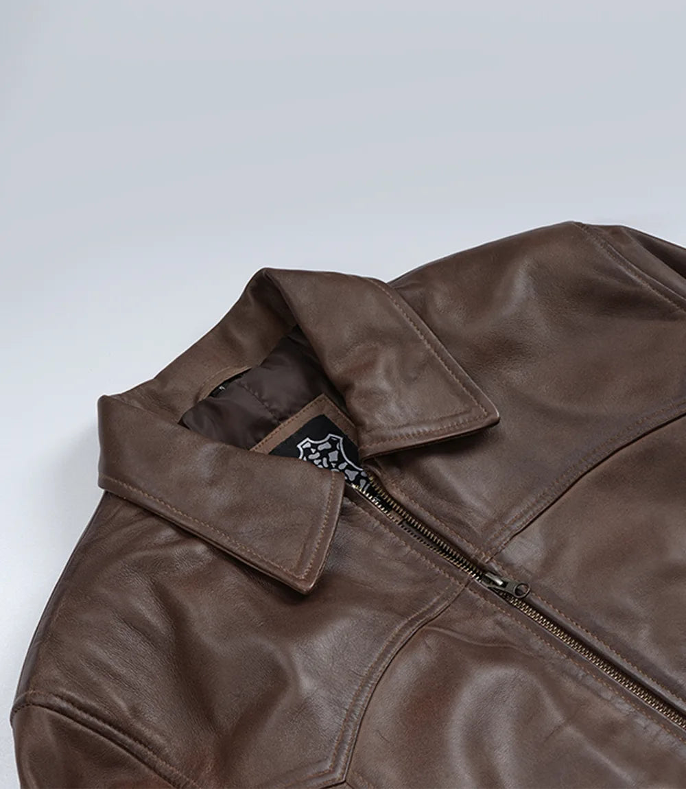 Men's Dark Brown Bomber Real Leather Jacket - Harrington Style