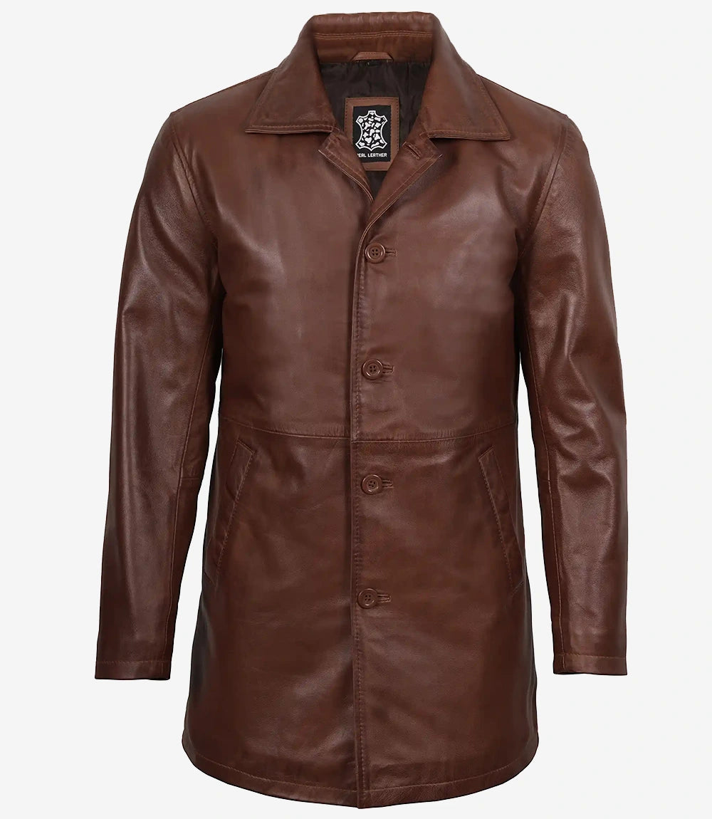 Men's Cognac Wax 3/4 Length Leather Car Coat