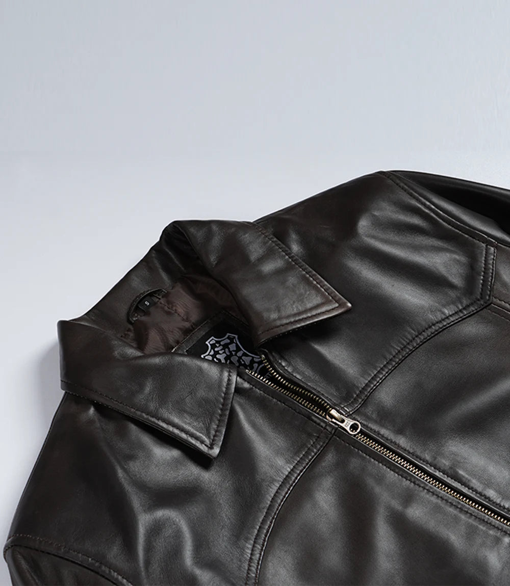 Men's Vintage Brown Bomber Leather Jacket - Harrington Style