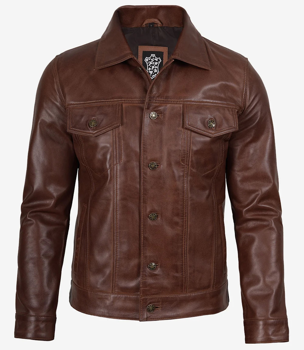 Men's Harrington Cognac Brown Wax Leather Trucker Jacket