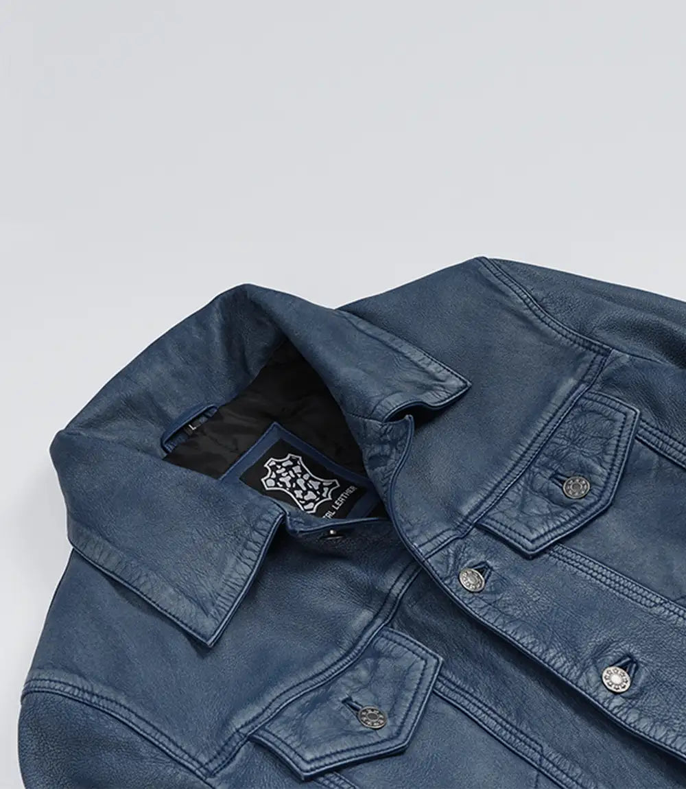 Mens Denim Style Trucker Blue Washed Leather Jacket