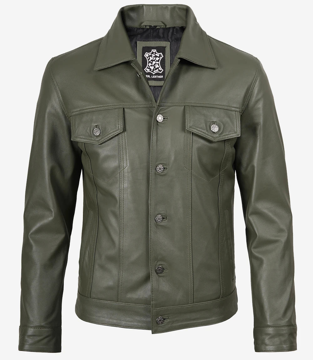 Men's Olive Green Real Trucker Leather Jacket