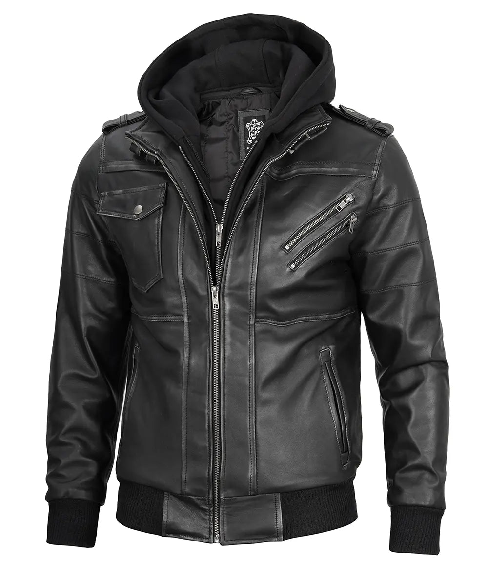 Men's Dark Gray Leather Bomber Jacket with Removable Hood