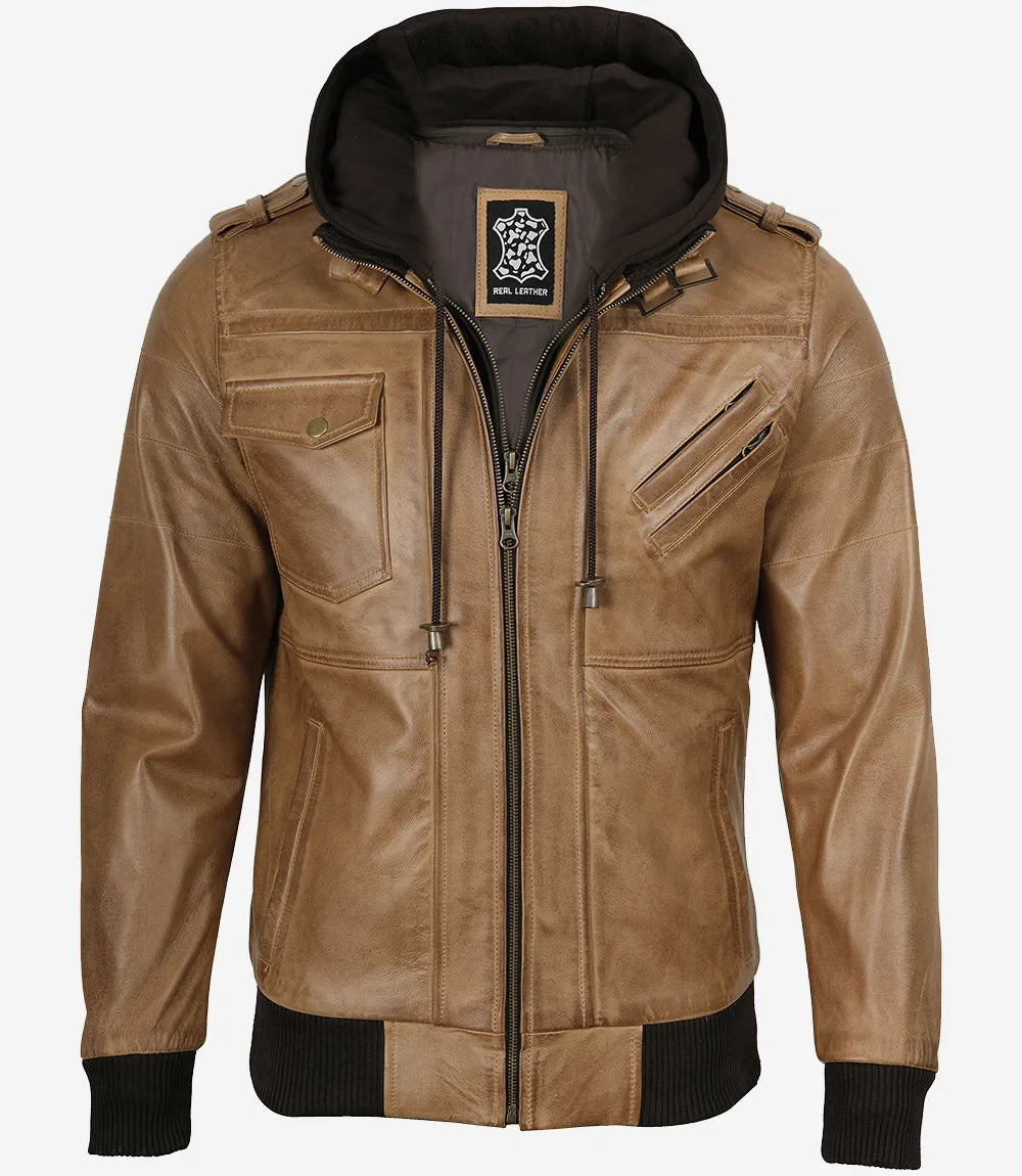 Men's Camel Brown Leather Jacket with Removable Hood
