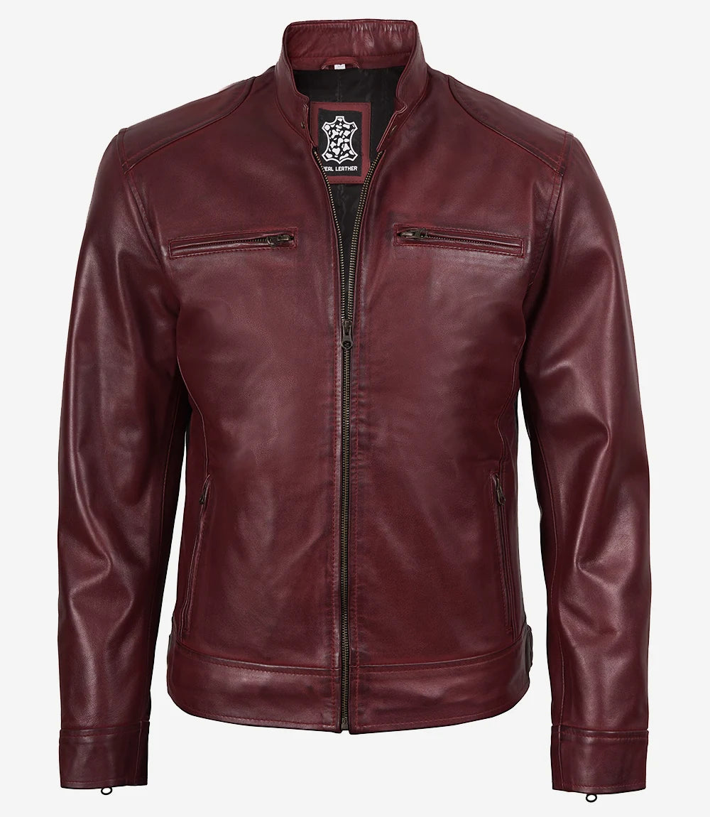Men's Burgundy Cafe Racer Leather Jacket