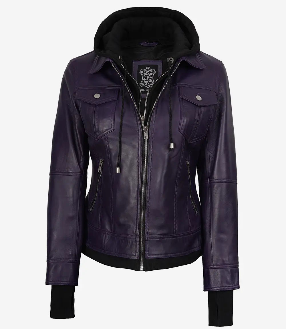 Women's Purple Hooded Leather Jacket — Removable Hood, Thumbhole Cuffs
