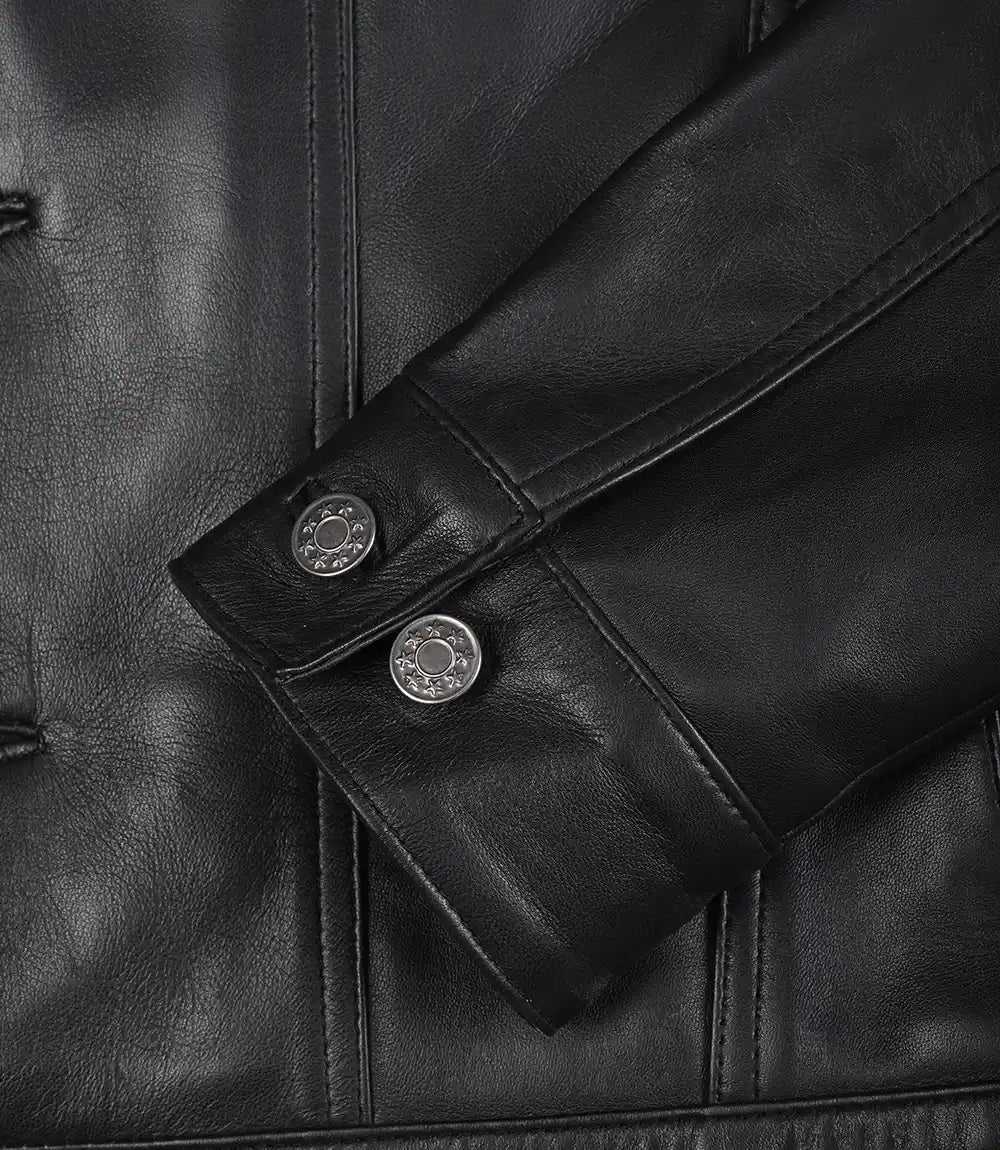 Men's Black Leather Trucker Jacket — Shirt Collar
