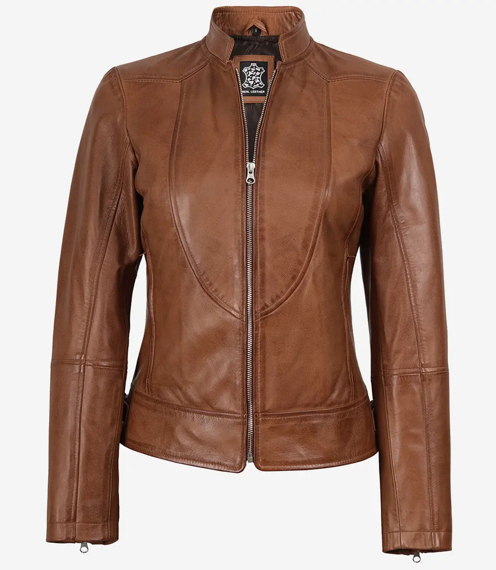 Women's Tan Brown Lambskin Leather Cafe Racer Jacket