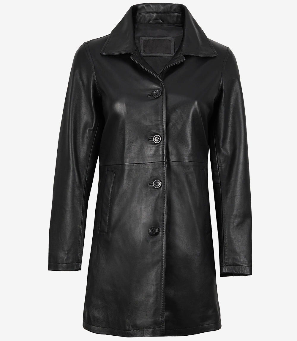 Women's Black Real Leather 3 4 Length Car Coat