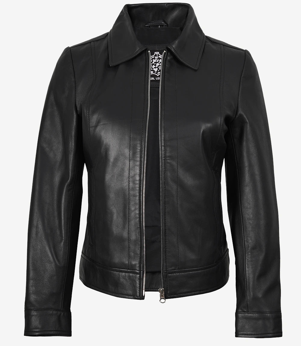 Women's Harrington Style Black Leather Jacket