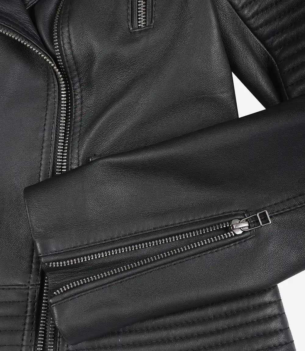 Women's Black Padded Style Leather Biker Jacket — Asymmetrical Zip