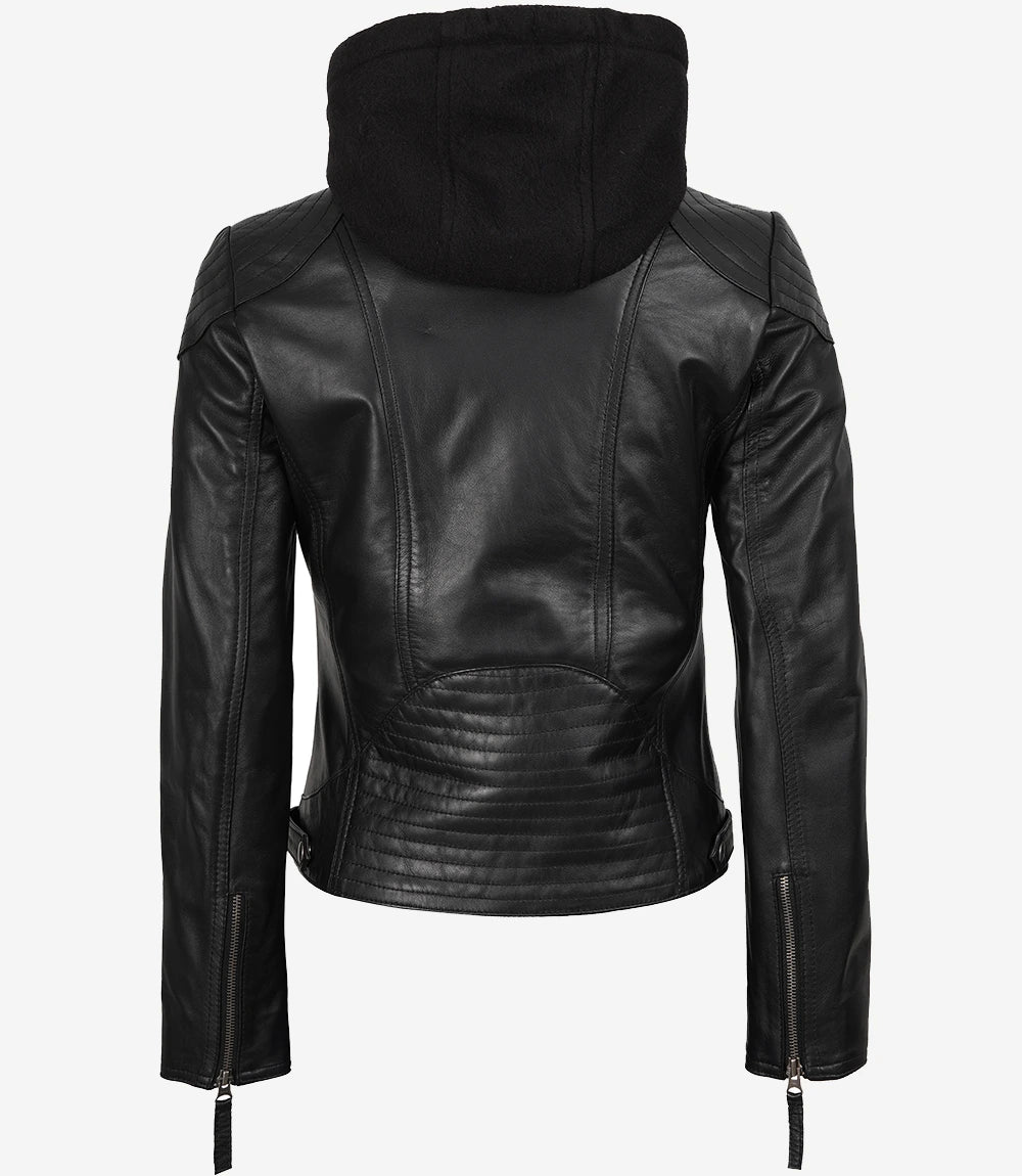 Women's Black Real Leather Jacket With Removable Hood