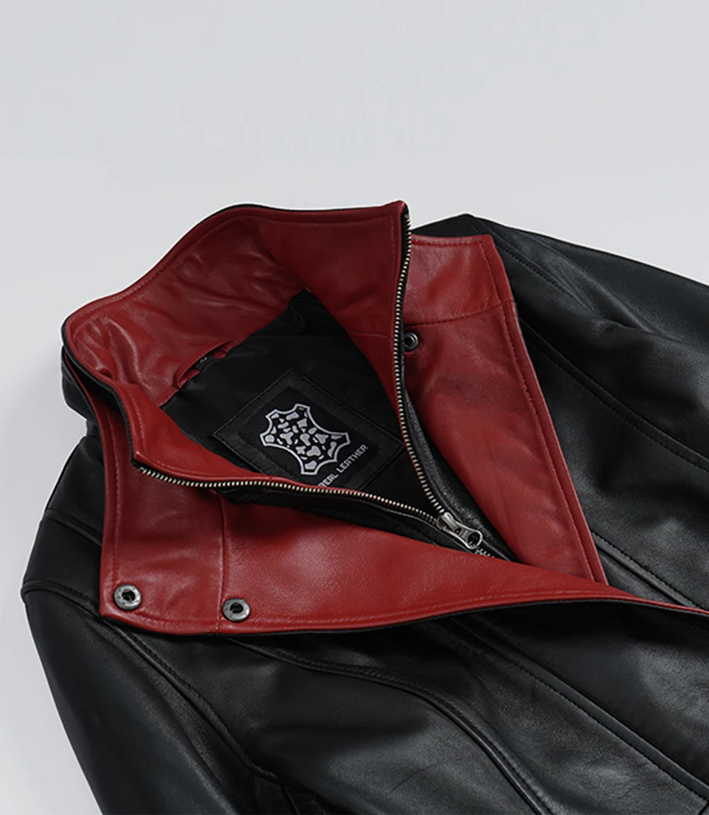 Women's Black Leather Jacket with Red Inner Lapel