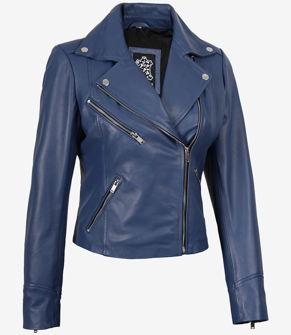 Women Biker Blue Real Leather Jacket