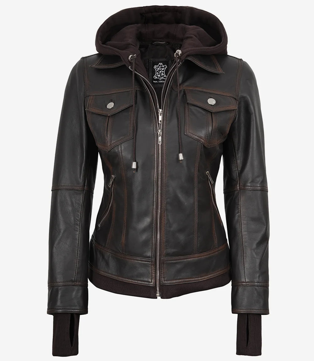 Dark Brown Womens Leather Jacket With Hood