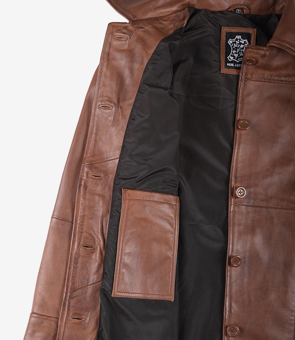 Women's Cognac Brown Leather Car Coat