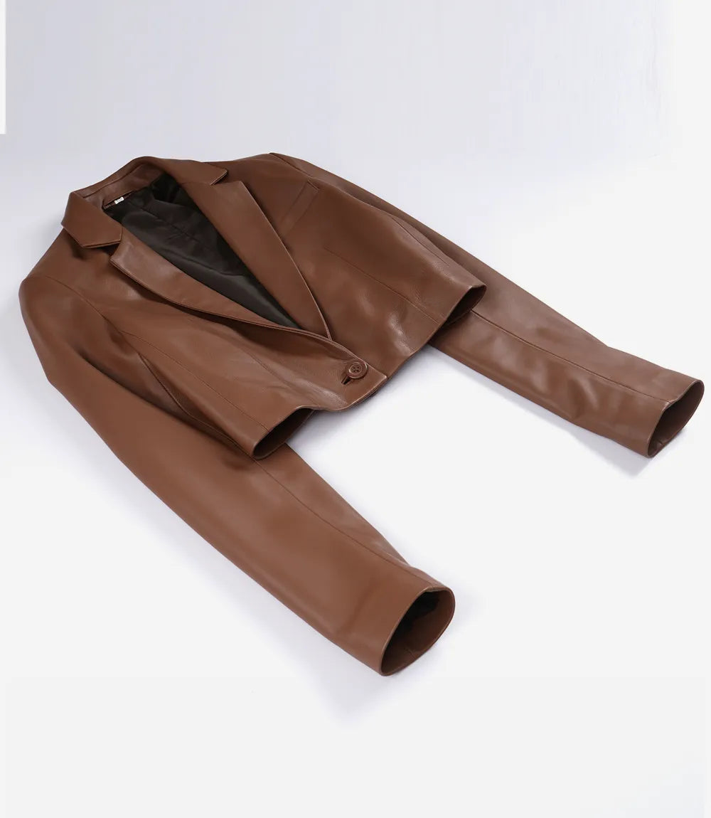 Women's Cognac Brown Single Button Cropped Leather Blazer
