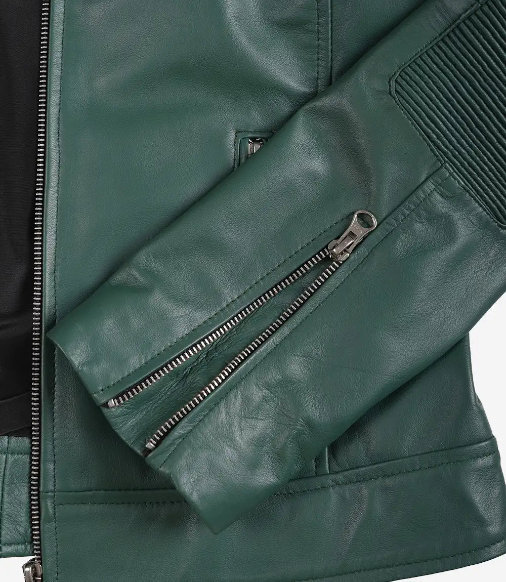 Women's Green Real Leather Cafe Racer Jacket