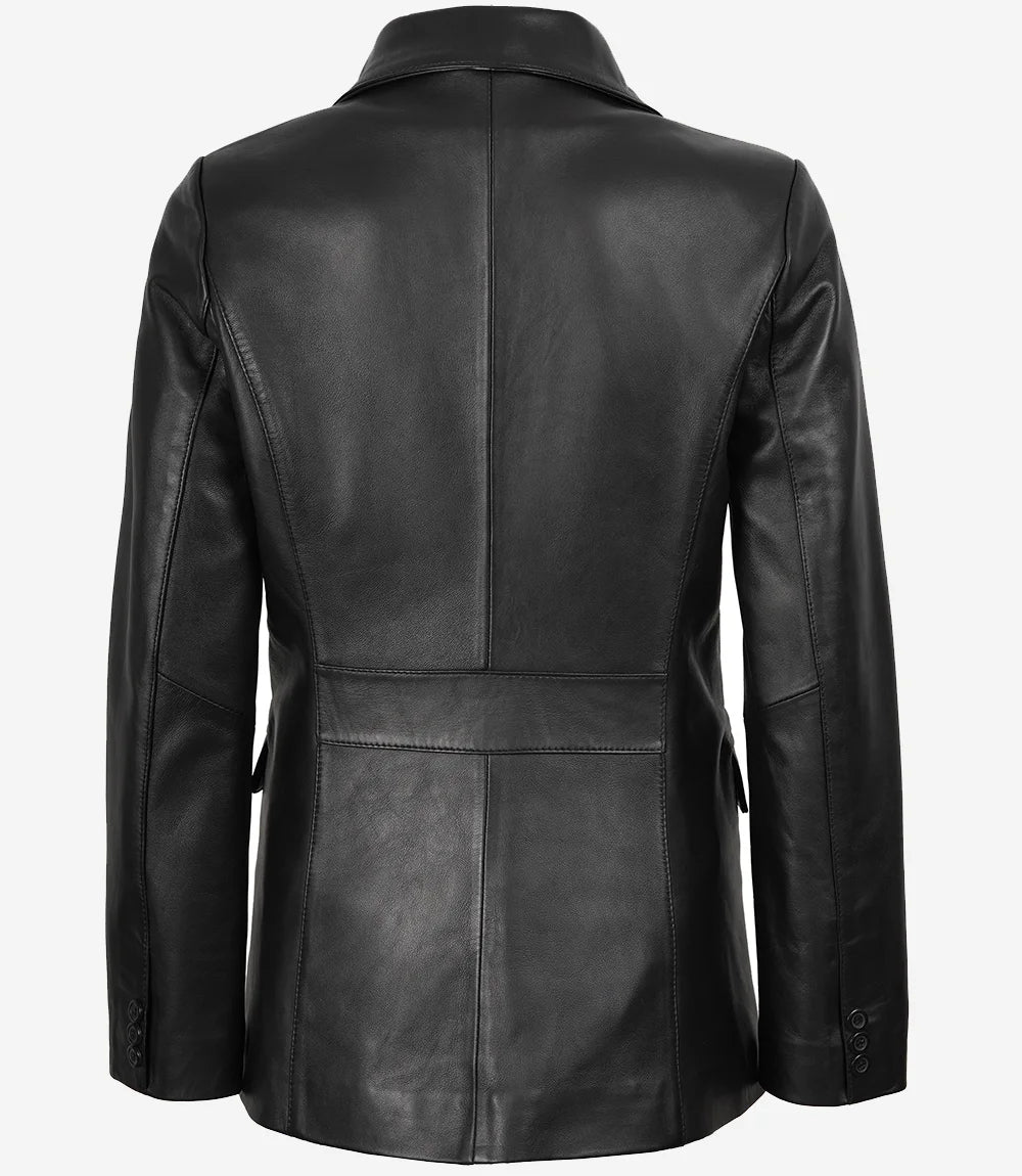 Women's Two Button Black Real Leather Blazer