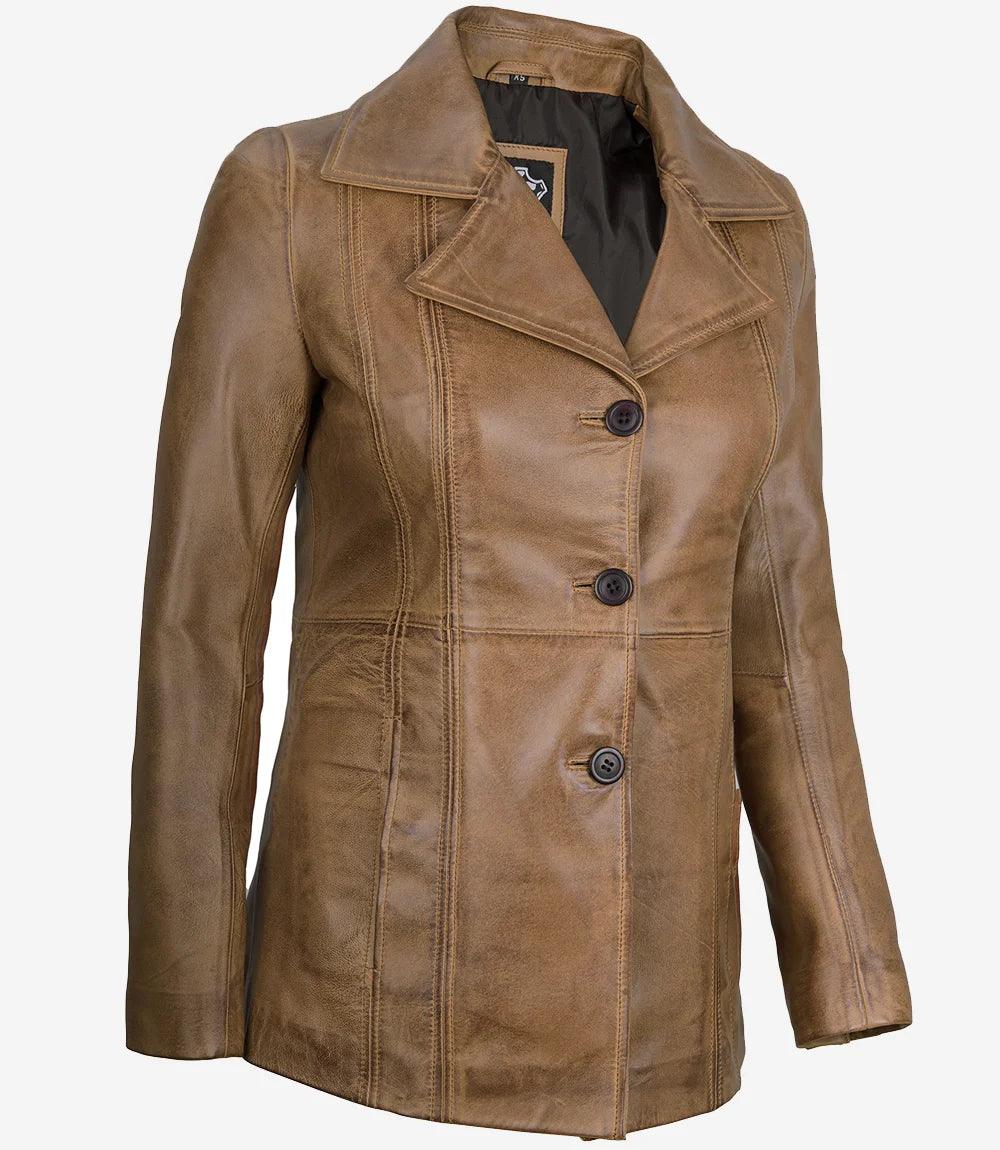 Women's Three Button Camel Real Leather Blazer