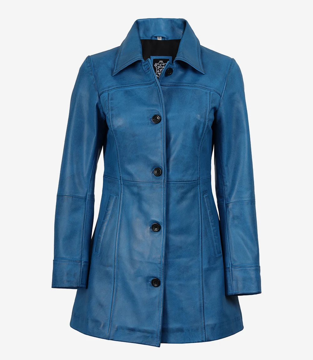 Womens 3/4 Length Blue Lambskin Leather Coat