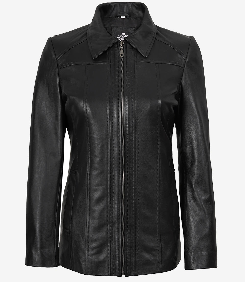 Women's Leather Black Car Coat