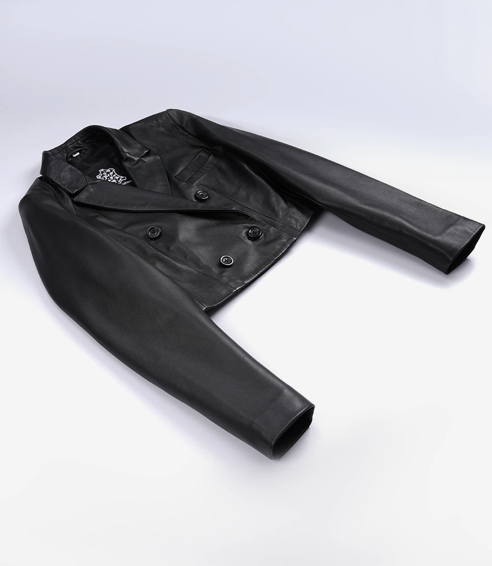 Women's Black Cropped Double Breasted Lambskin Leather Jacket