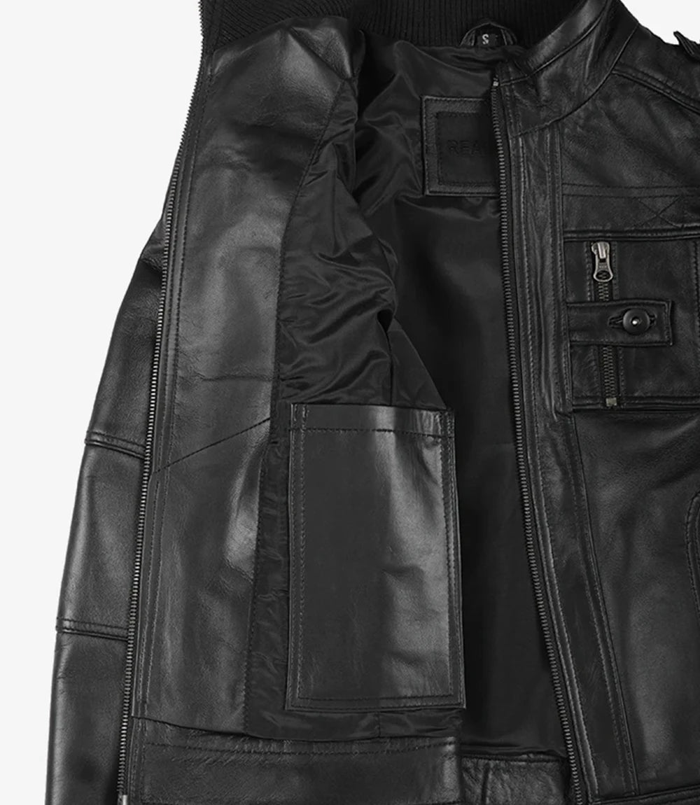 Women's Black Cafe Racer Leather Jacket with Epaulets