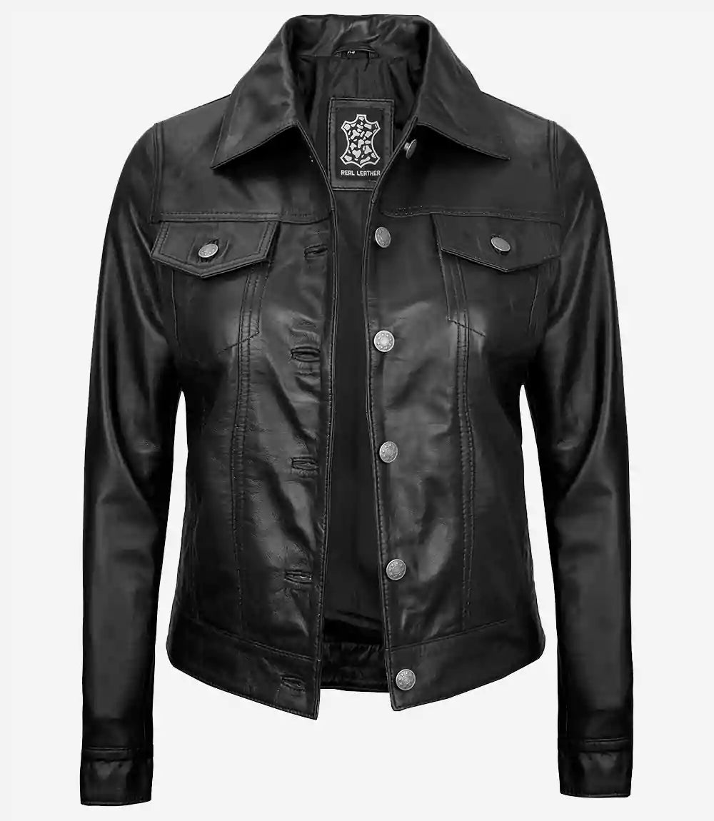 Women Black Trucker Leather Jacket
