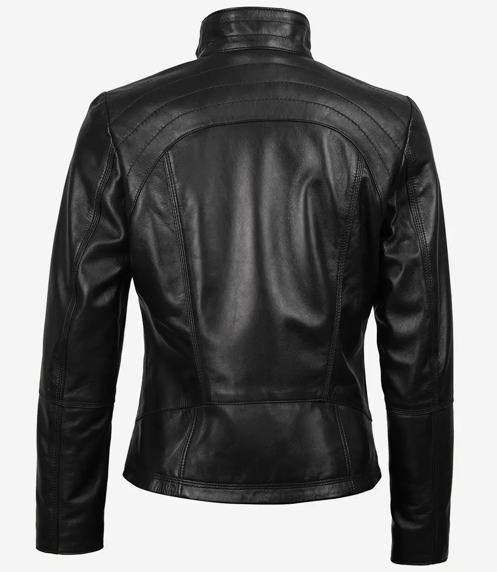 Women's Black Leather Cafe Racer Jacket