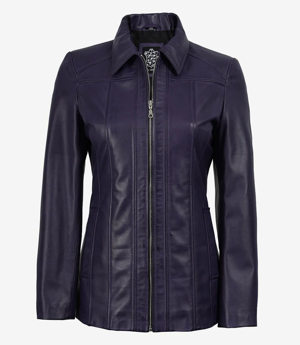 Women's Purple Real Leather Car Coat with Shirt Collar