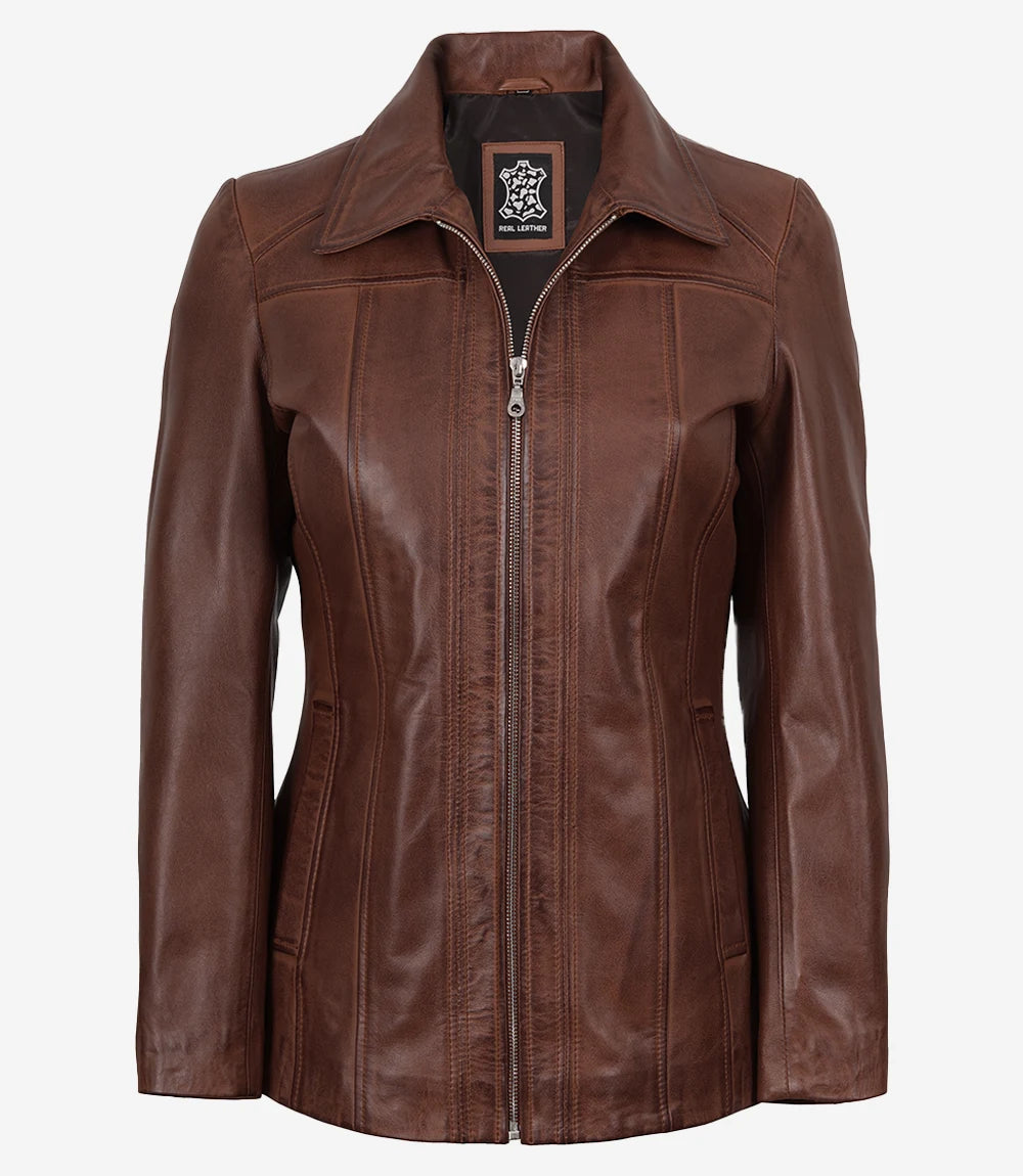 Marsha Women's Cognac Brown Leather Car Coat