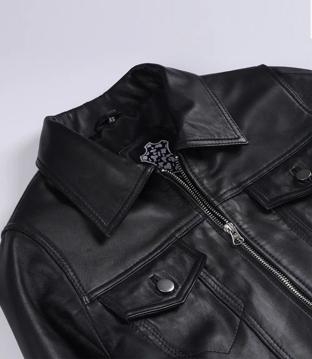 Women's Black Lambskin Leather Cropped Harrington Jacket