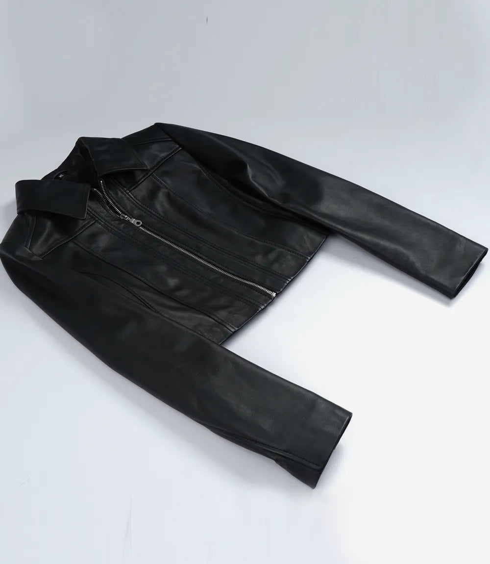 Women's Black Cropped Harrington Leather Jacket