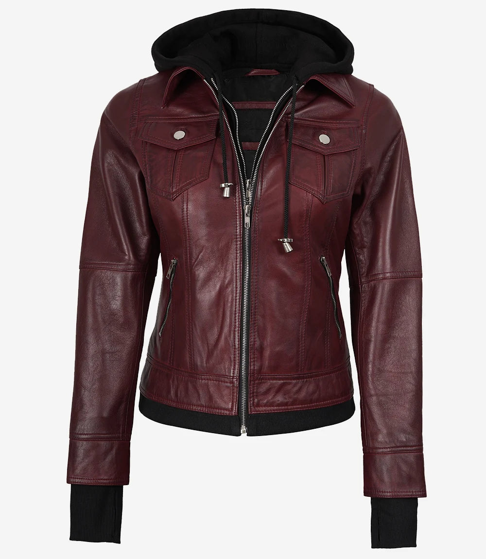 Women's Burgundy Hooded Leather Jacket