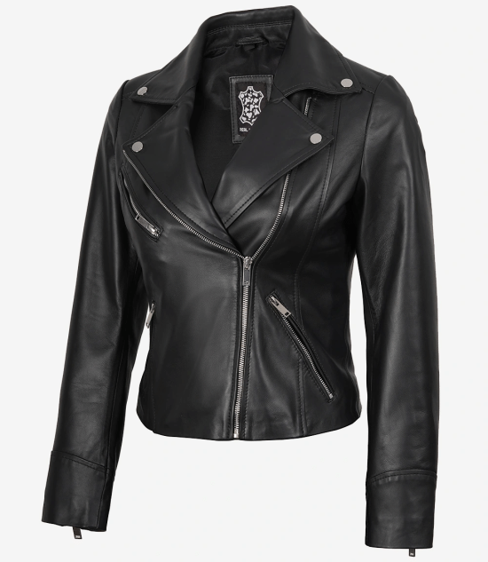 Women's Black Real Leather Biker Jacket — Asymmetric