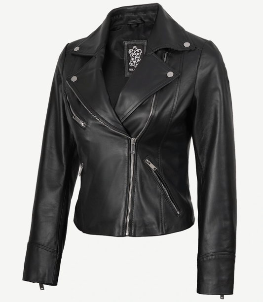Women's Black Real Leather Biker Jacket — Asymmetric