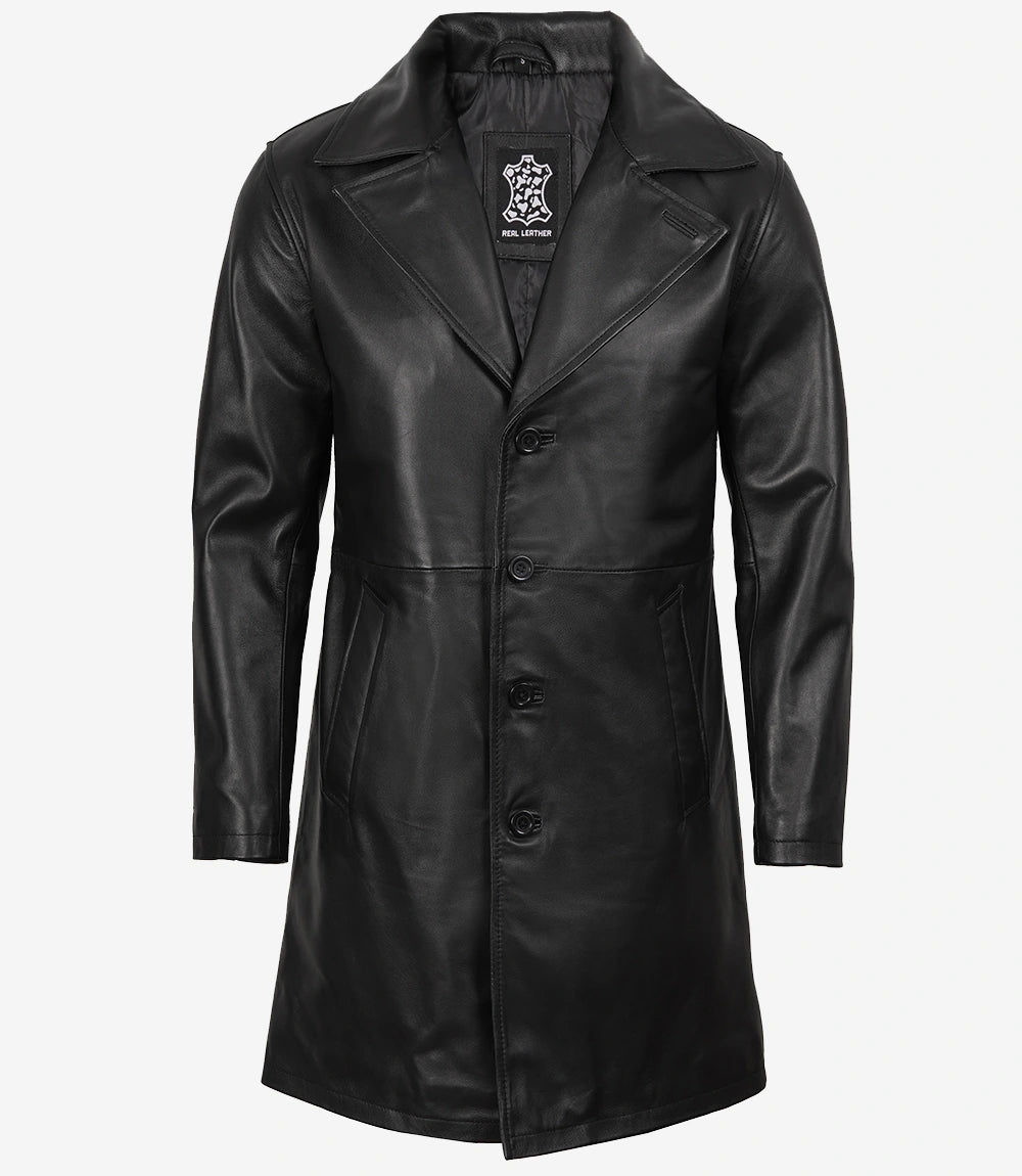 Men's Black 3/4 Length Real Leather Car Coat