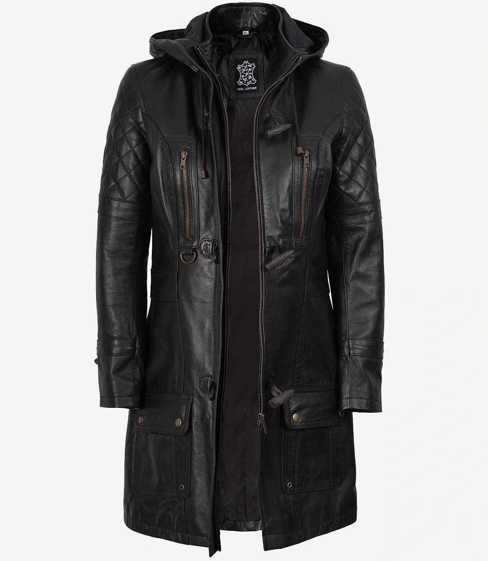 Women's Black 3 4 Length Leather Coat with Removable Hood