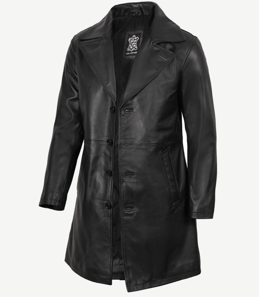 Men's Black 3/4 Length Real Leather Car Coat