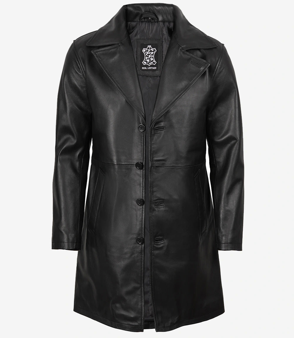 Men's Black 3/4 Length Real Leather Car Coat