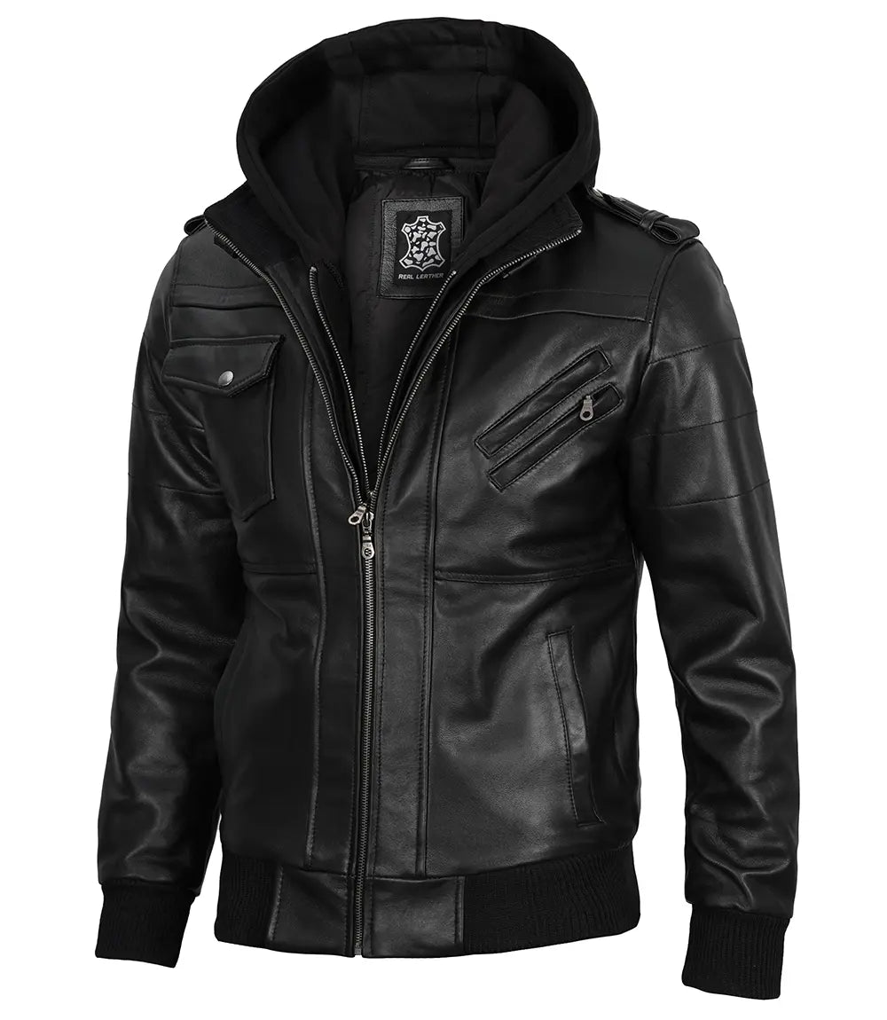 Men's Black Leather Jacket with Removable Hoodie