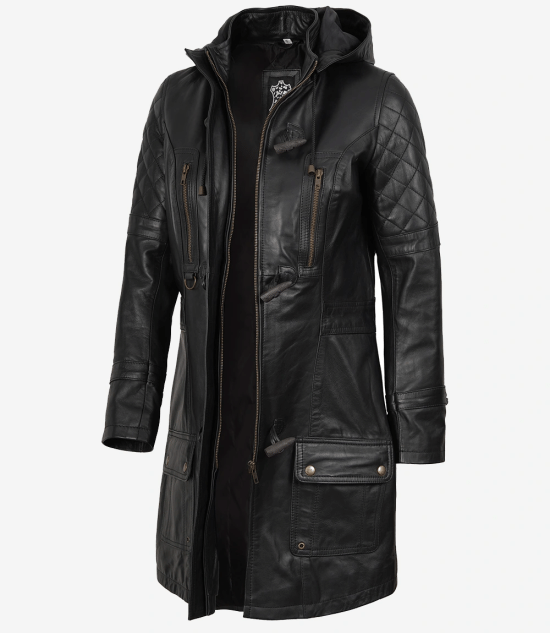 Women's Black 3 4 Length Leather Coat with Removable Hood