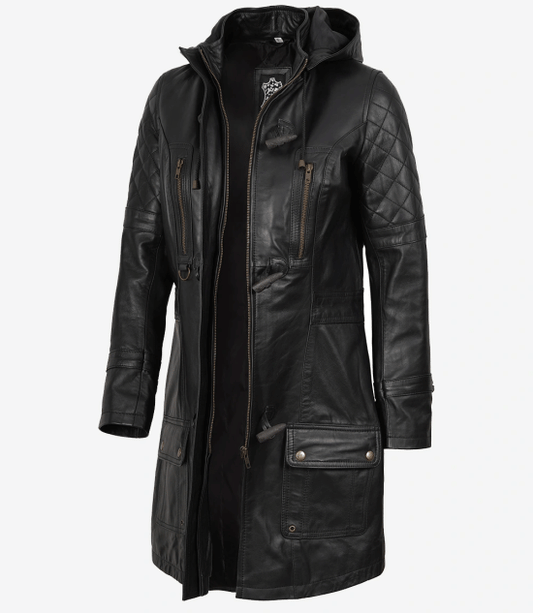 Women's Black 3 4 Length Leather Coat with Removable Hood