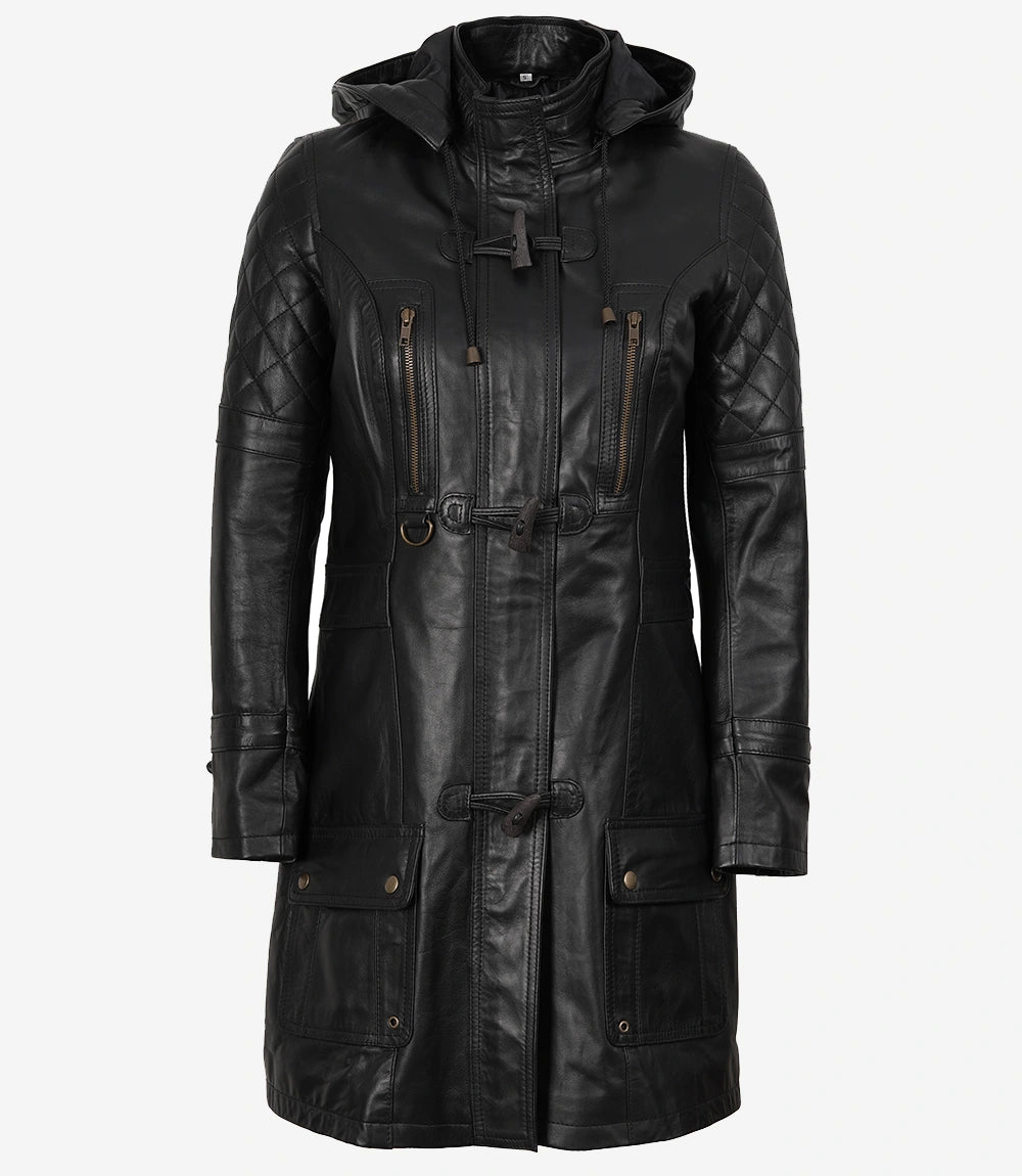 Women's Black 3 4 Length Leather Coat with Removable Hood