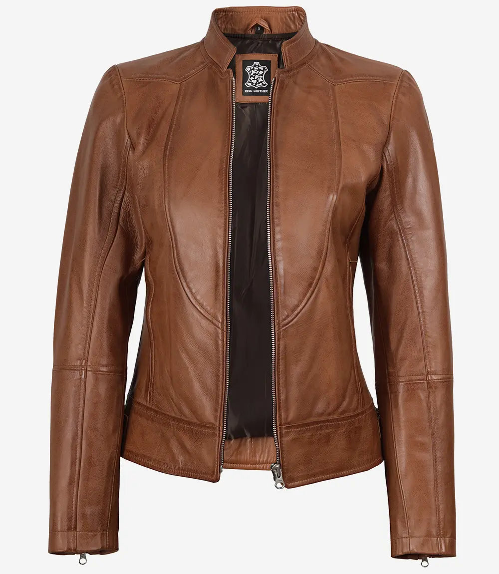 Women's Tan Brown Lambskin Leather Cafe Racer Jacket