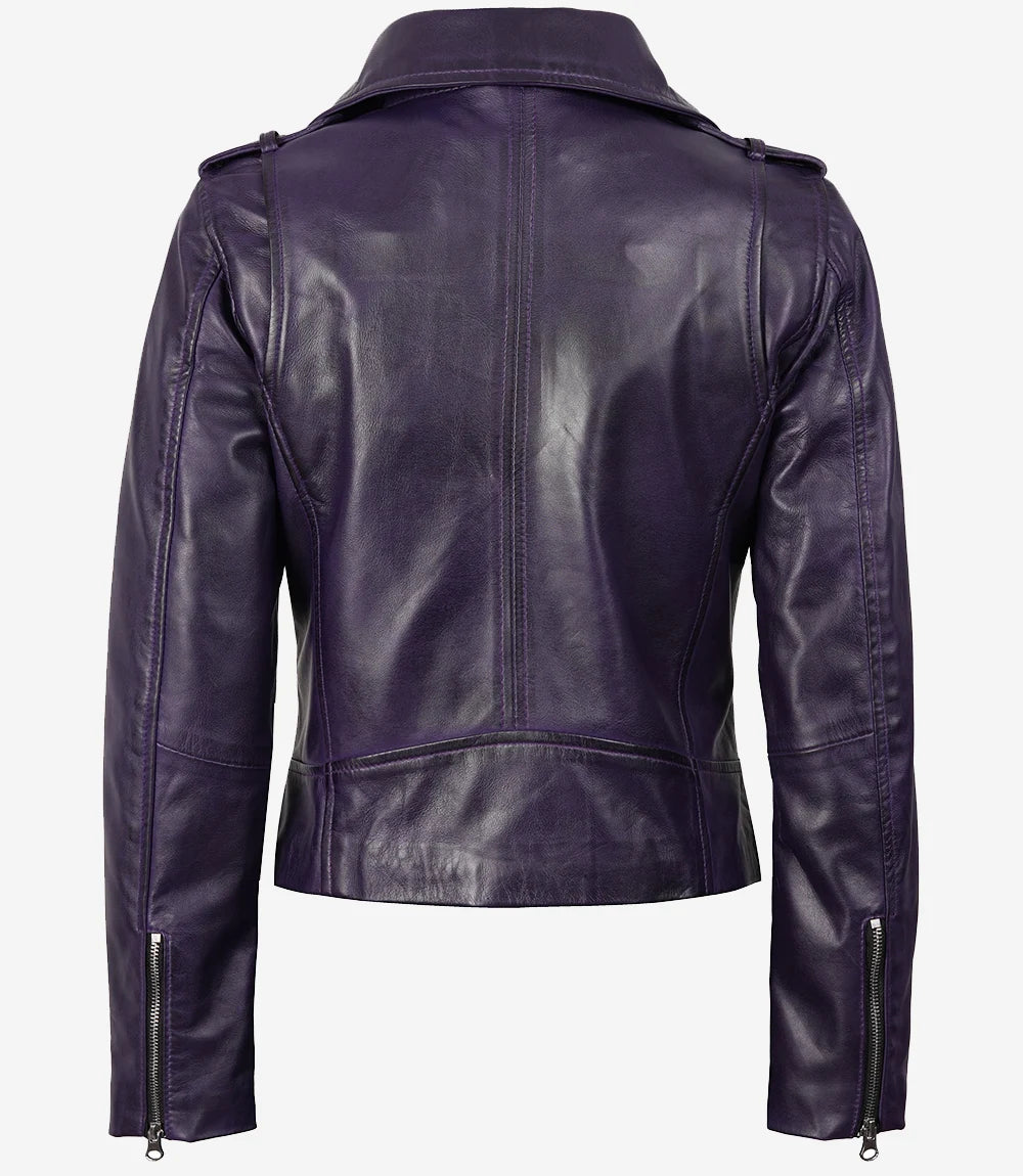 Women's Purple Wax Asymmetrical Biker Leather Jacket