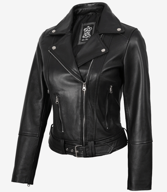 Women's Black Leather Asymmetrical Biker Jacket