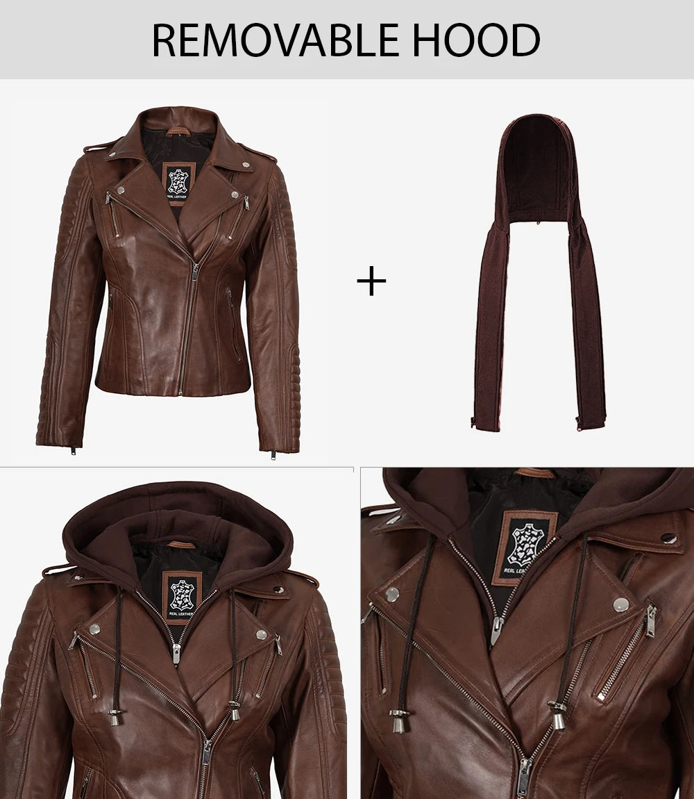 Women's Cognac Biker Style Leather Jacket with Removable Hood